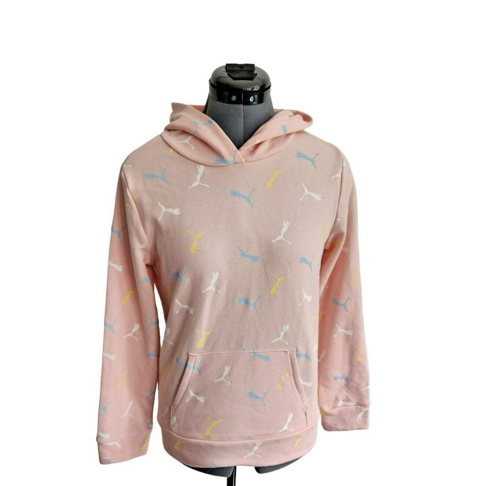 Puma Pink All Over Logo Print Pullover Hoodie Girls Size L 14/16 Sweatshirt